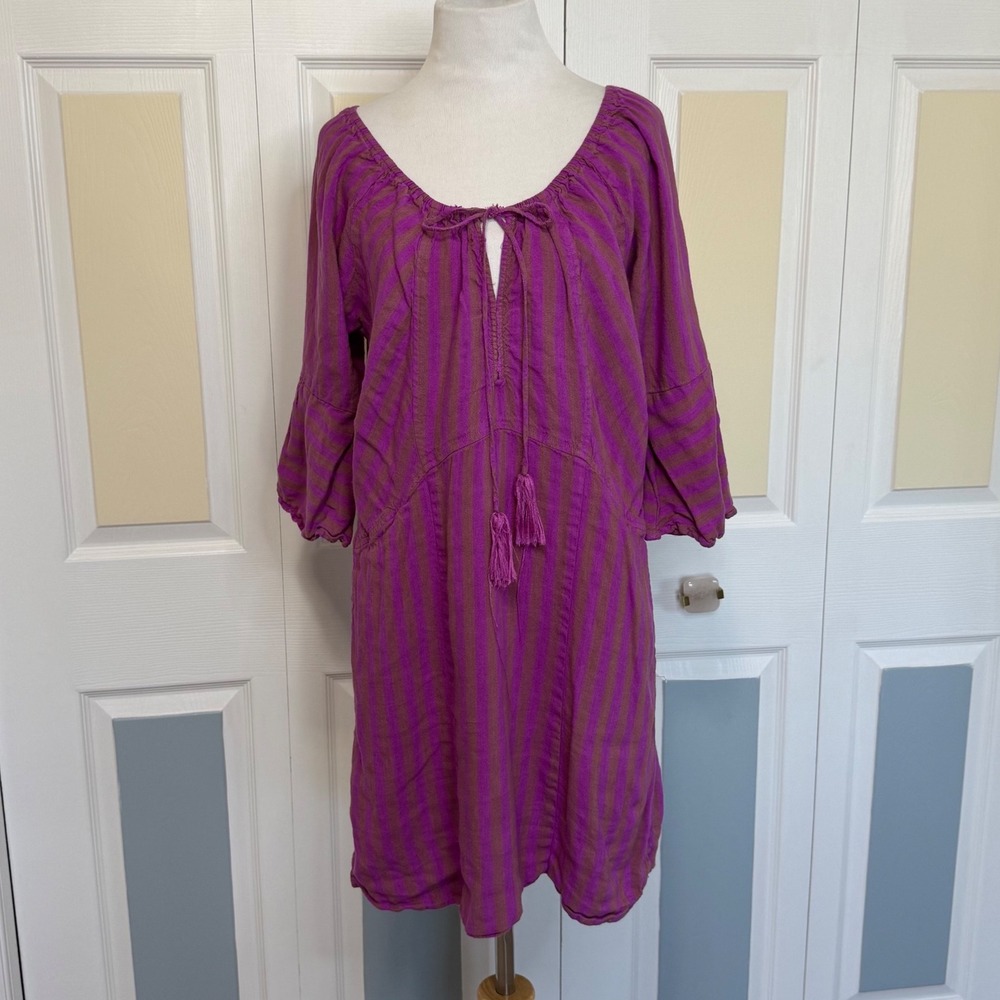 Free People‎ Tunic Dress Medium Purple Brown Striped Tie Neck Bell Sleeve